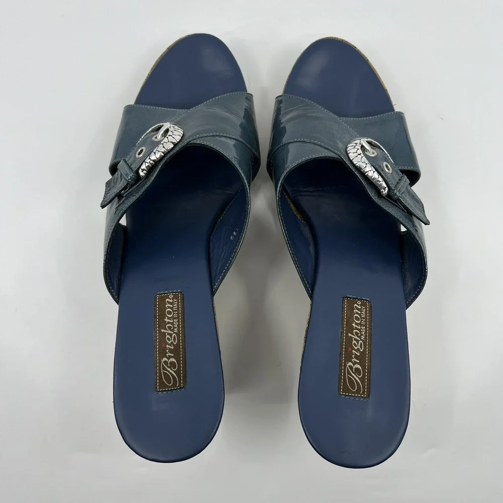 Brighton Summer 199 Italy Blue Patent Cork Wedge Sandals Women‎ 10